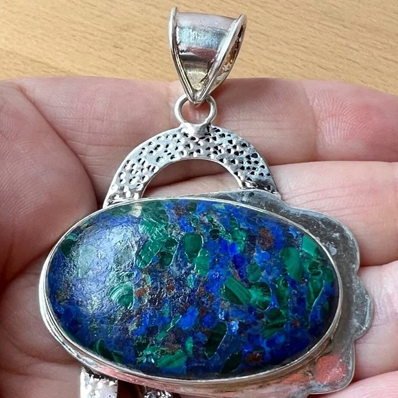 OVERSIZED STATEMENT LAPIS MALACHITE CHRYSOCOLLA PENDANT 925 STERLING SILVER